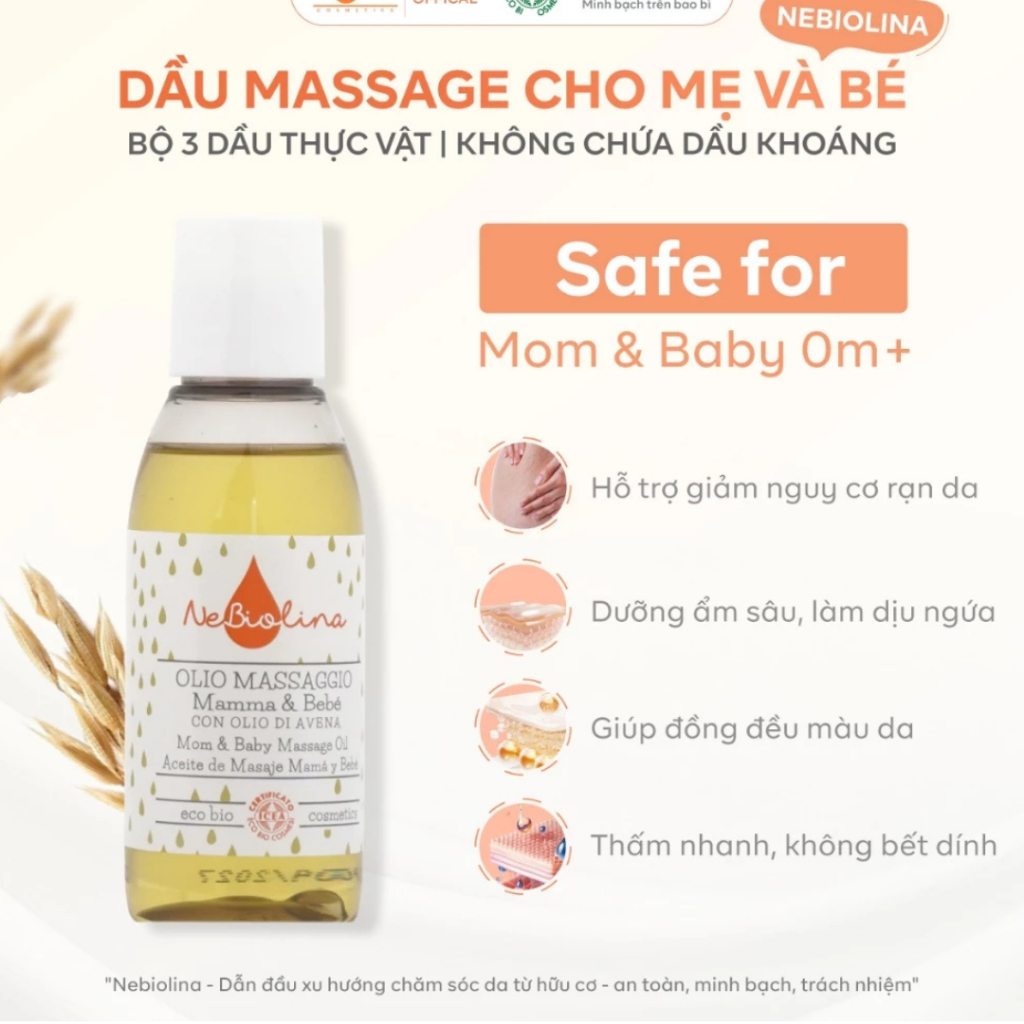 Dầu Massage cho Mẹ & Bé chiết xuất Yến Mạch Hữu Cơ NeBiolina Mờ Vết Rạn Cho Mẹ Và Dưỡng Ẩm Cho Bé chai 100ml