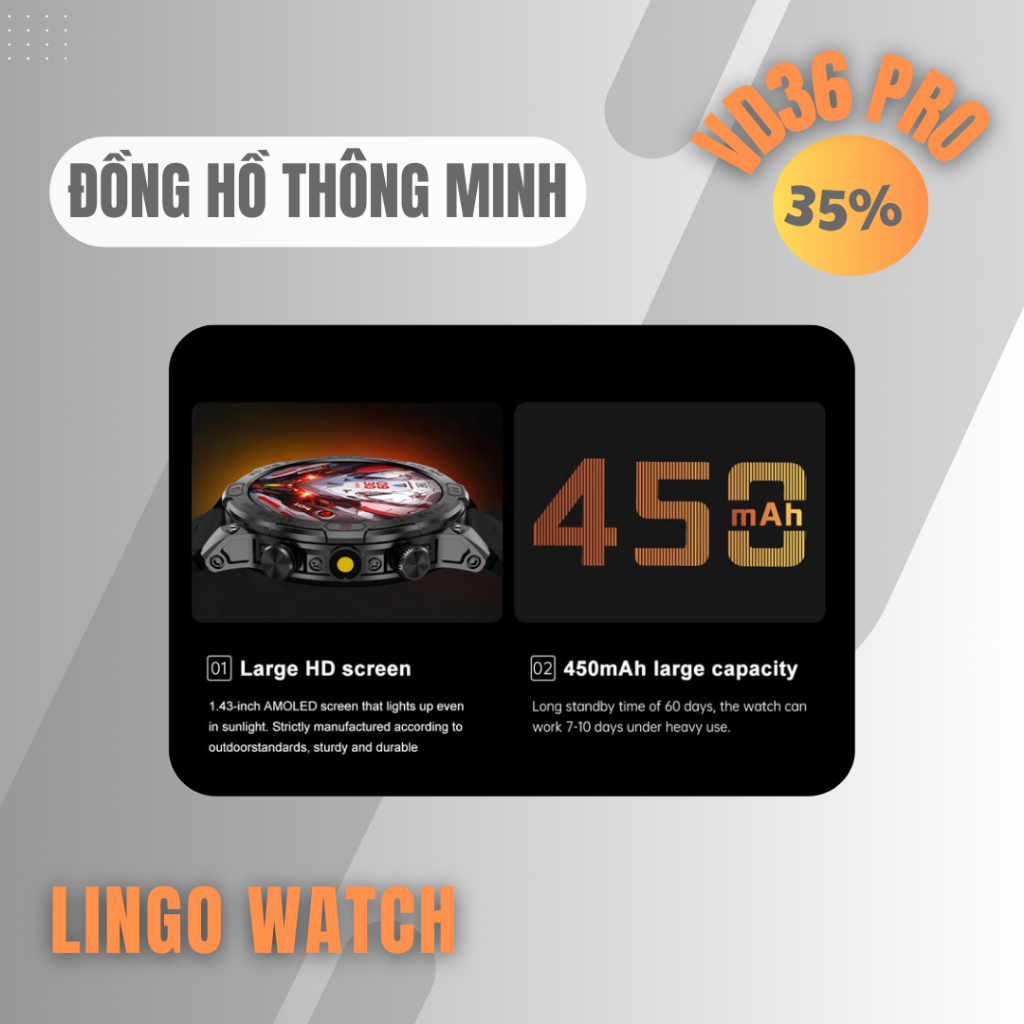 Đồng Hồ Chuyên Thể Thao Thông Minh VD36 PRO – AMOLED 1.43", Gọi Bluetooth, IP68 – Lingotrans