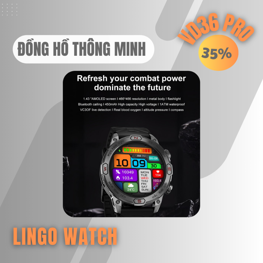 Đồng Hồ Chuyên Thể Thao Thông Minh VD36 PRO – AMOLED 1.43", Gọi Bluetooth, IP68 – Lingotrans