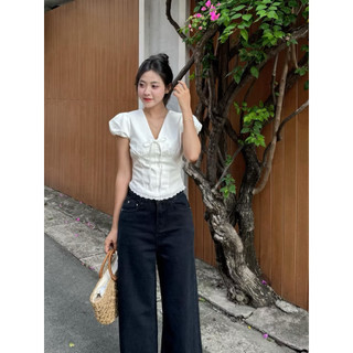 NuSe Linen Top / By cor/ Áo Kiểu nữ Linen cổ V tay bồng