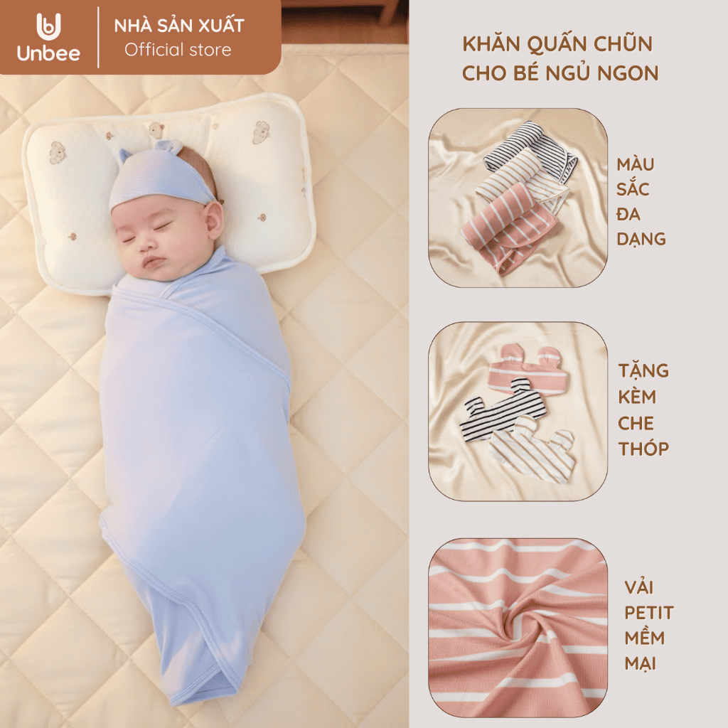 Quấn chũn Unbee kèm che thóp hình gấu cute 100% petit co giãn 4 chiều thấm hút mồ hôi 175*70cm