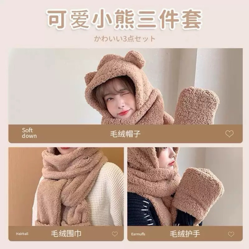 Mũ Trùm Đầu Tai Gấu Liền Khăn Choàng Lông Cừu – Giữ Ấm Mùa Đông, Dễ Thương, Phong Cách Hàn Quốc