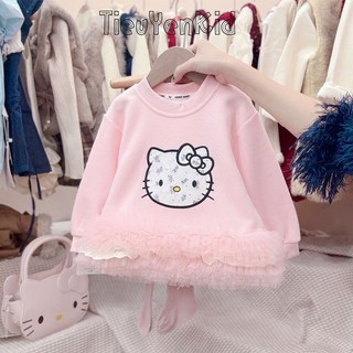 Quần áo trẻ em, Áo nỉ bé gái thêu mèo 2 màu phối voan mềm 9-26kg A568 Tiểu Yến KID