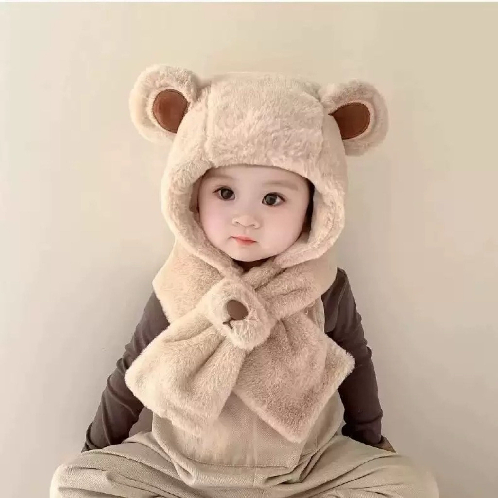 Mũ Trùm Đầu Tai Gấu Cho Bé Liền Khăn Choàng Lông Cừu – Giữ Ấm Mùa Đông, Mềm Mịn, An Toàn Cho Trẻ Nhỏ
