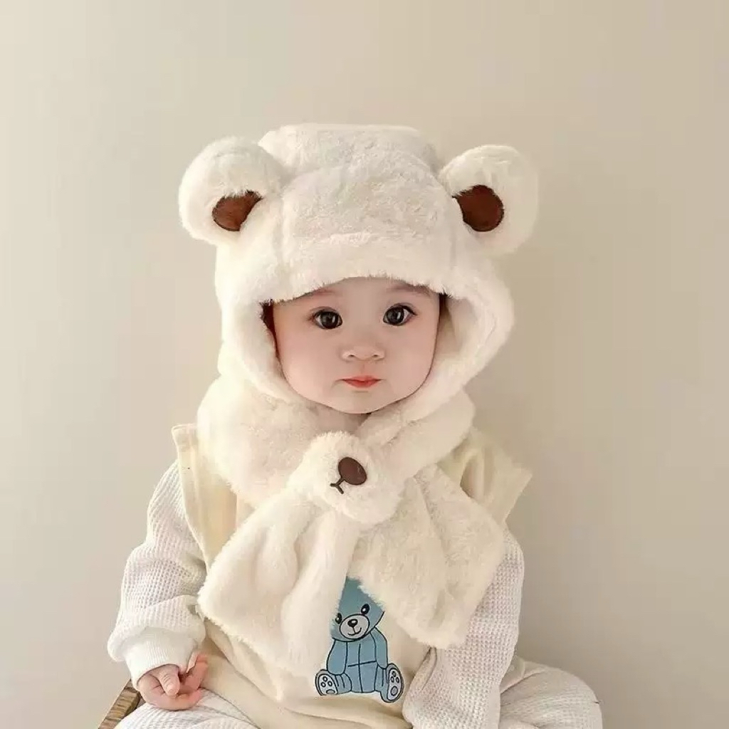 Mũ Trùm Đầu Tai Gấu Cho Bé Liền Khăn Choàng Lông Cừu – Giữ Ấm Mùa Đông, Mềm Mịn, An Toàn Cho Trẻ Nhỏ