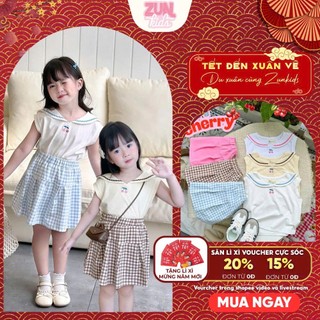 Set Bé Gái Áo Thun Thêu Cherry & Váy Xếp Ly Caro AZB560 – Thun Cotton Co Giãn 4 Chiều