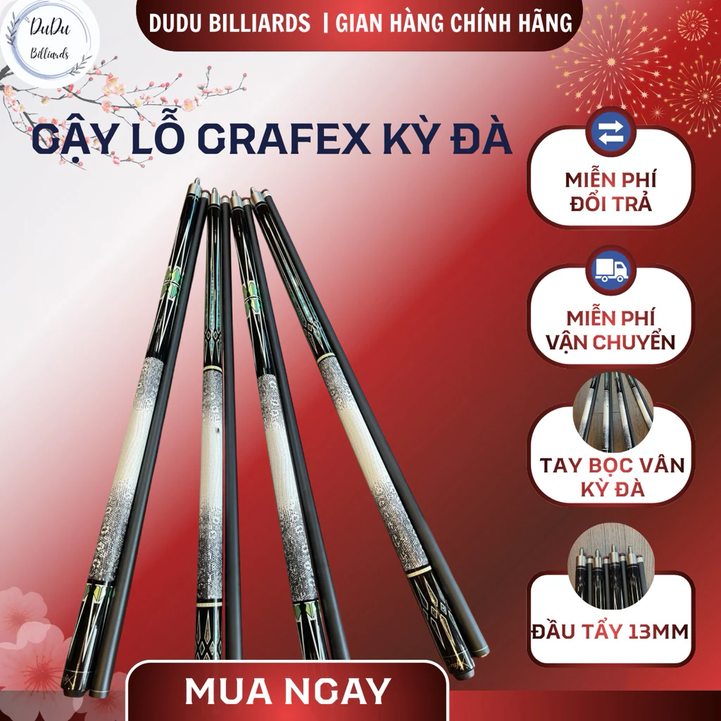 Cơ bida Grafex chơi lỗ, đầu cơ 13mm tay vân da kỳ đà