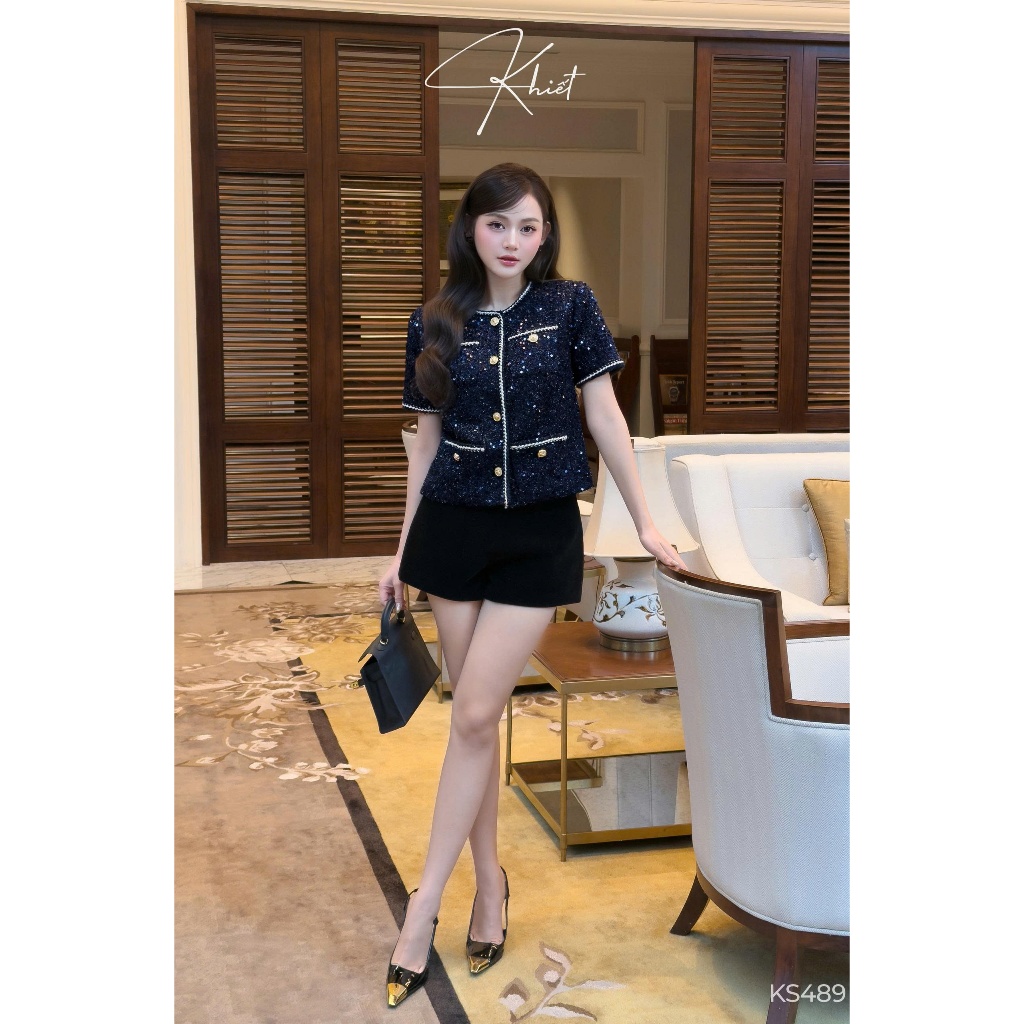 Set áo tweed kim sa xanh navy phối quần short nhung đen Khiết Style phong cách tiệc tùng sang chảnh KS489