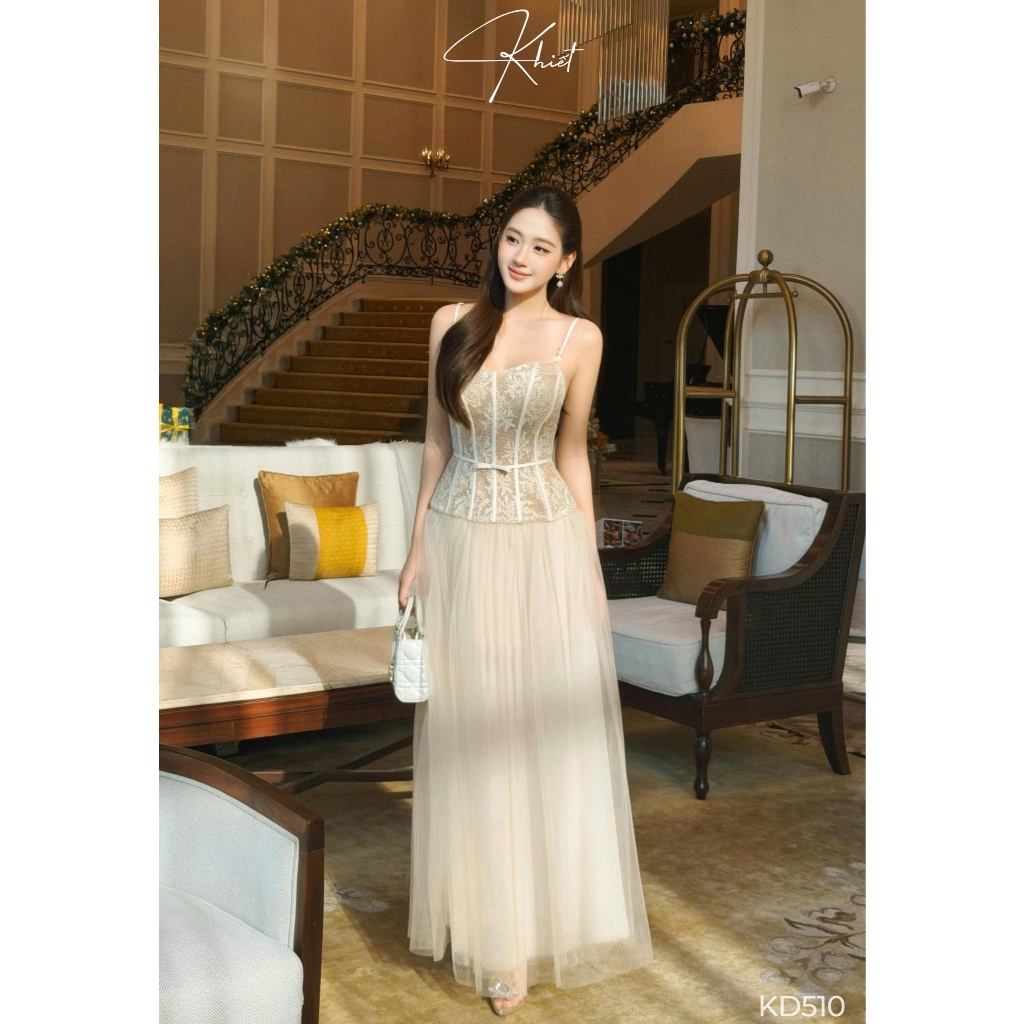 Đầm ren lưới Khiết tone champagne ngọt ngào, thiết kế 2 dây phối nơ ngọc trai dài xòe, phong cách tiểu thư KD510