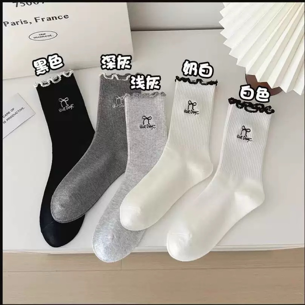 Set 10 Đôi Tất Nữ Cổ Trung Viền Bèo Thêu Nơ – Tất Cotton Mềm Mịn, Thoáng Khí, Phong Cách Hàn Quốc