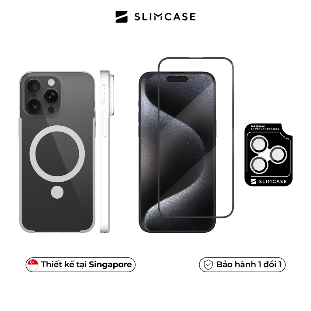 [Combo 3in1] Ốp lưng, Kính cường lực & Lens Camera iPhone 15 Pro Max / 15 Pro SLIMCASE - Bảo vệ toàn diện, Không ố vàng
