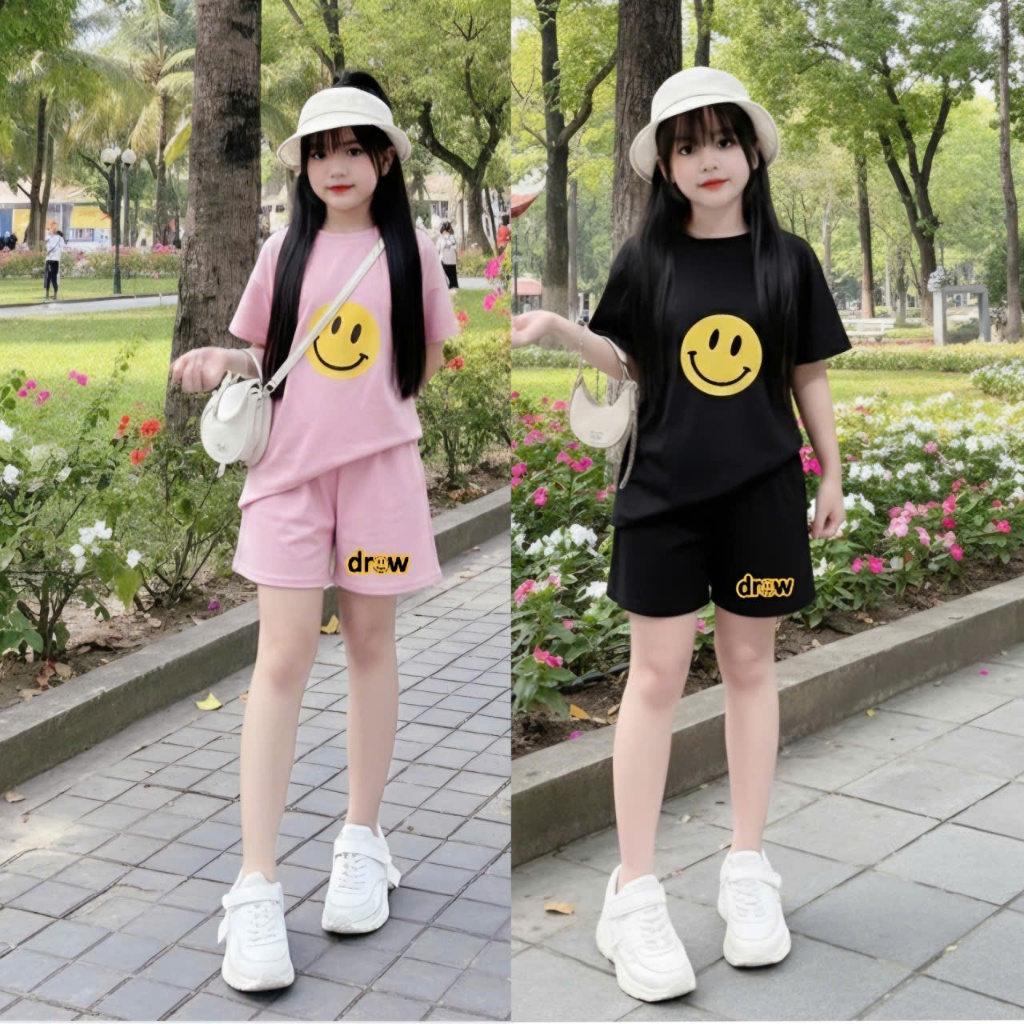 14-45 kg, Sét đồ bộ cho bé gái,2 MÀU, in hình MẶT CƯỜI, chất vải cotton thấm hút mồ hôi thoải mái cho bé.M59