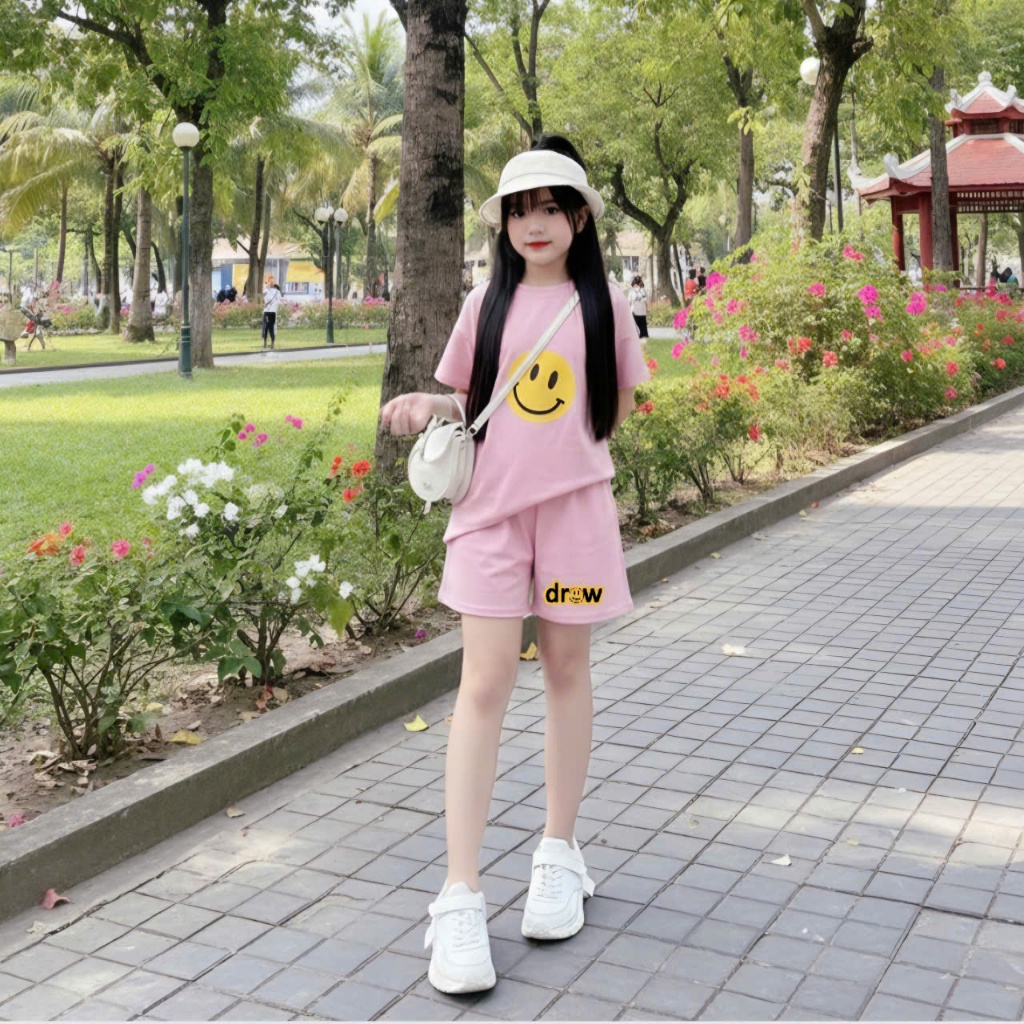 14-45 kg, Sét đồ bộ cho bé gái,2 MÀU, in hình MẶT CƯỜI, chất vải cotton thấm hút mồ hôi thoải mái cho bé.M59