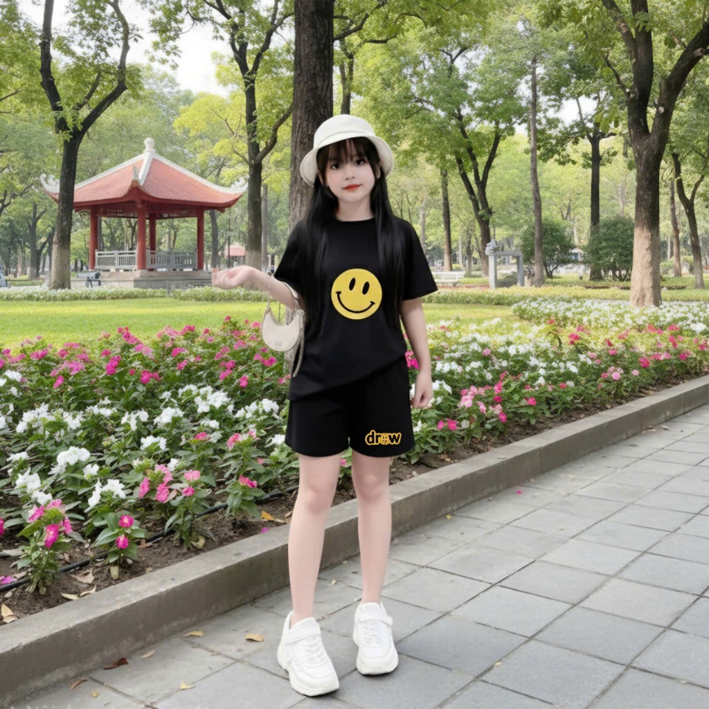 14-45 kg, Sét đồ bộ cho bé gái,2 MÀU, in hình MẶT CƯỜI, chất vải cotton thấm hút mồ hôi thoải mái cho bé.M59