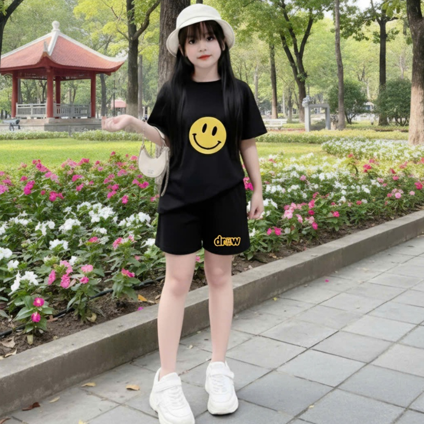 14-45 kg, Sét đồ bộ cho bé gái,2 MÀU, in hình MẶT CƯỜI, chất vải cotton thấm hút mồ hôi thoải mái cho bé.M59