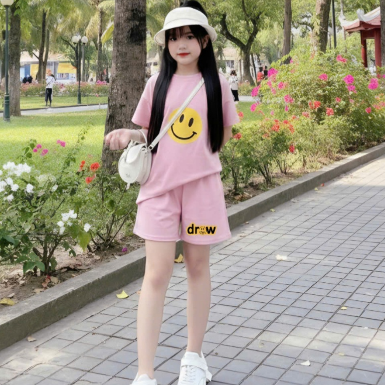 14-45 kg, Sét đồ bộ cho bé gái,2 MÀU, in hình MẶT CƯỜI, chất vải cotton thấm hút mồ hôi thoải mái cho bé.M59