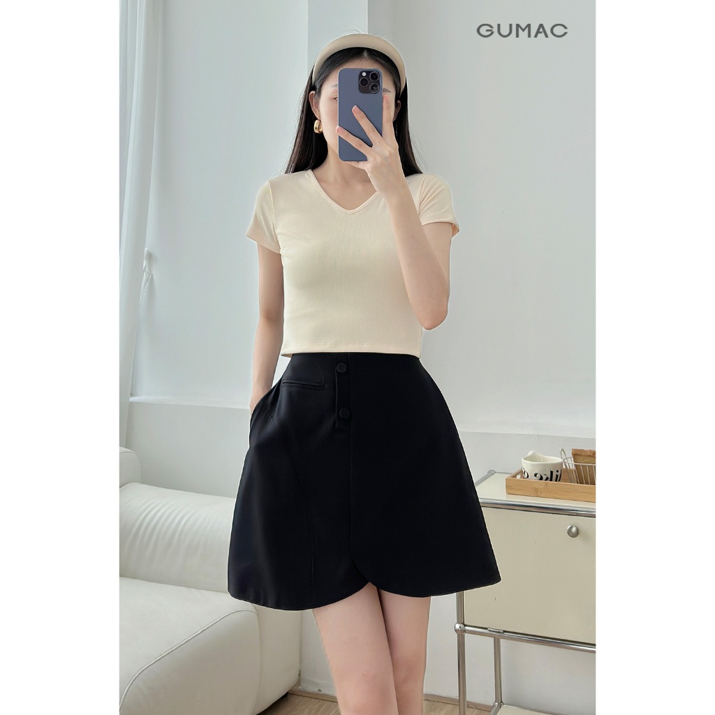 Chân váy nữ GUMAC ngắn 2 lớp đứng form dáng A có lót quần có túi xẻ cách điệu  VF03018