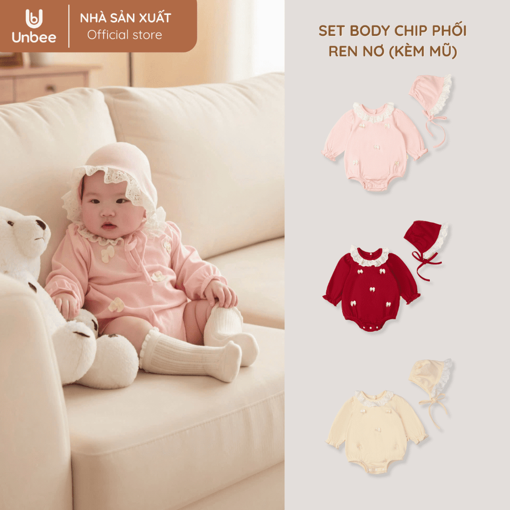 Body chip bé gái Unbee phối ren tặng mũ chất liệu nỉ modal mềm mịn thu đông 0–12M