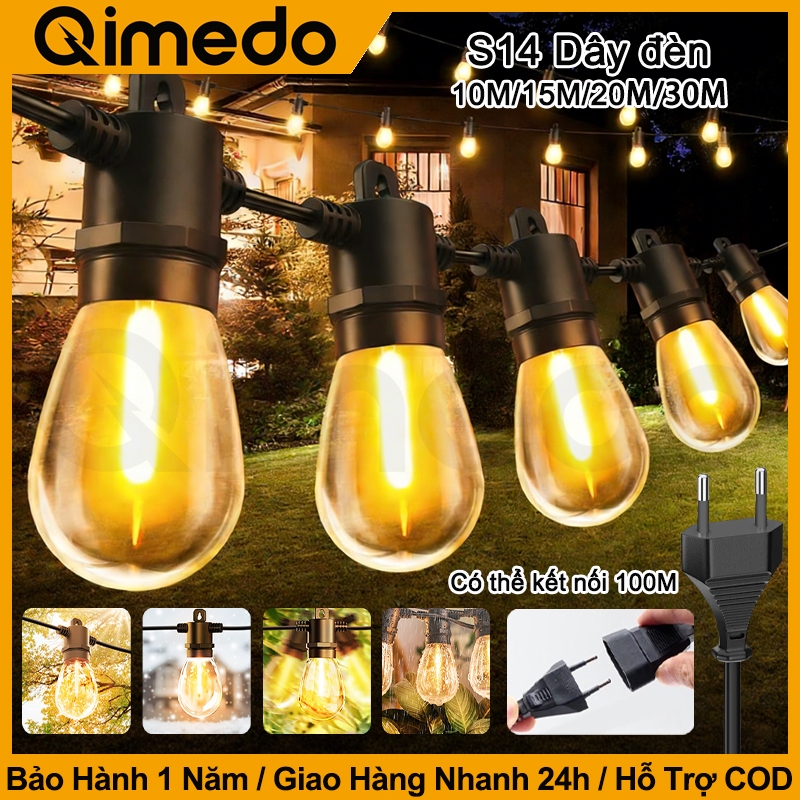 Đèn Bóng Bàn LED S14 Dài 15m 15Bóng Trang Trí Ngoài Trời Chống Nước IP65 Đèn Dây Trang Trí Sân Vườn