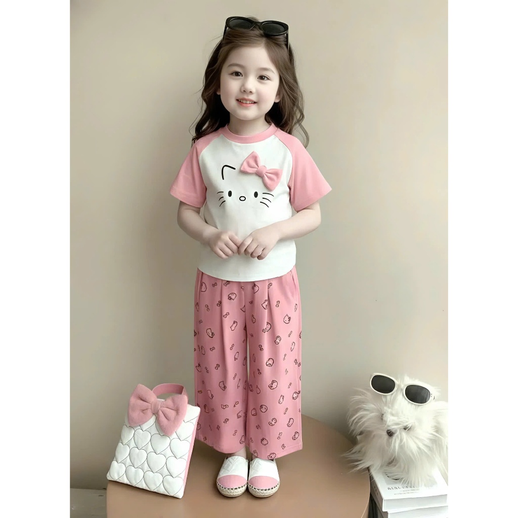 14-45kg.Sét đồ bộ quần xuông cho bé gái in hình mèo đính nơ chất vải tăm lạnh mềm mịn co giãn thoải mái.M60