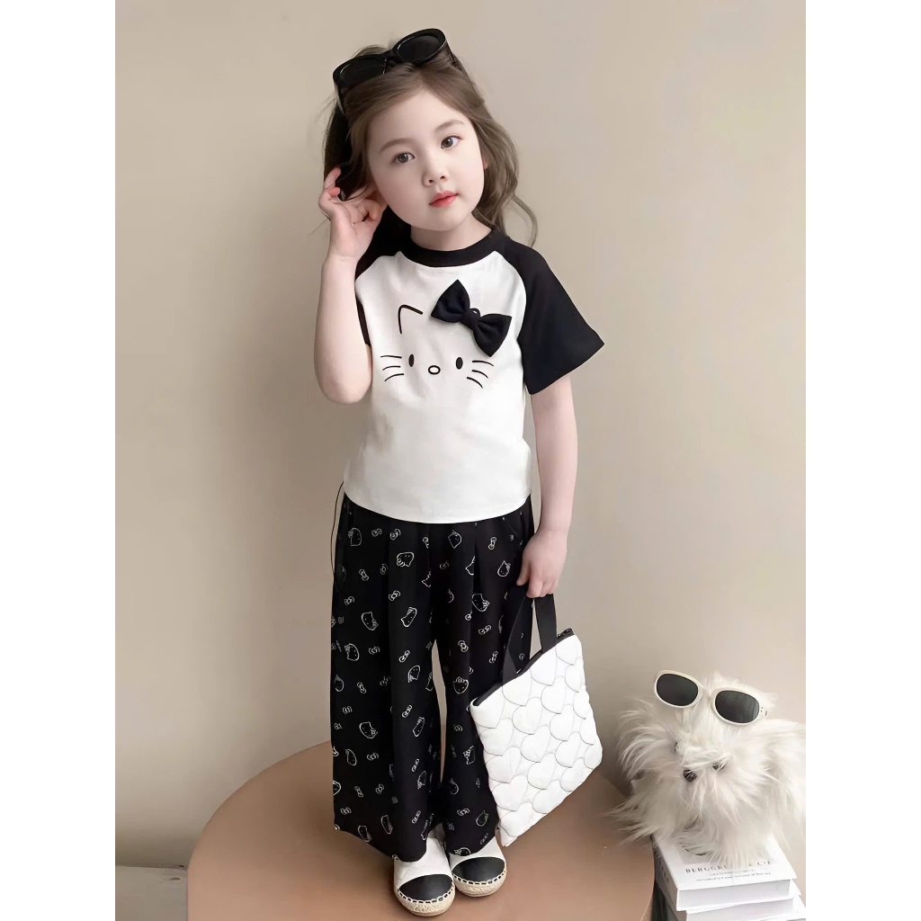 14-45kg.Sét đồ bộ quần xuông cho bé gái in hình mèo đính nơ chất vải tăm lạnh mềm mịn co giãn thoải mái.M60