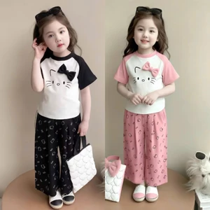 14-45kg.Sét đồ bộ quần xuông cho bé gái in hình mèo đính nơ chất vải tăm lạnh mềm mịn co giãn thoải mái.M60