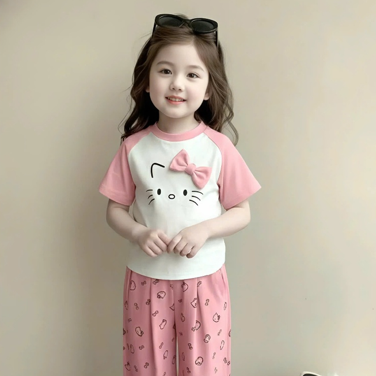 14-45kg.Sét đồ bộ quần xuông cho bé gái in hình mèo đính nơ chất vải tăm lạnh mềm mịn co giãn thoải mái.M60