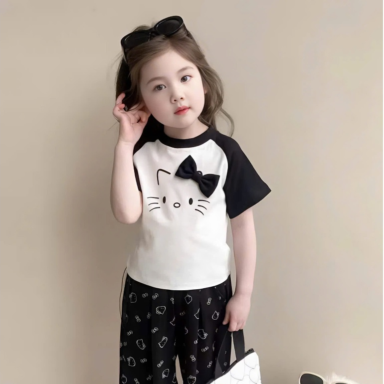 14-45kg.Sét đồ bộ quần xuông cho bé gái in hình mèo đính nơ chất vải tăm lạnh mềm mịn co giãn thoải mái.M60