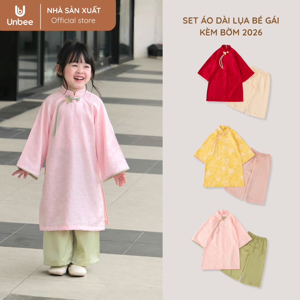 Áo Dài Lụa Bé Gái Unbee Kèm Bờm - Áo Dài Tết Truyền Thống Cho Bé 1-4 Tuổi