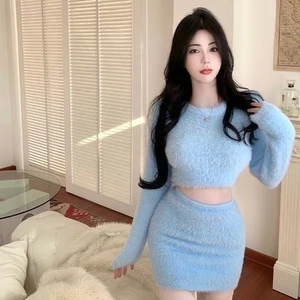 Set váy lông cừu mịn Mohair tinh khiết mẫu mới mùa xuân mùa đông, Váy hông eo cao cho nữ, Bộ áo kèm váy