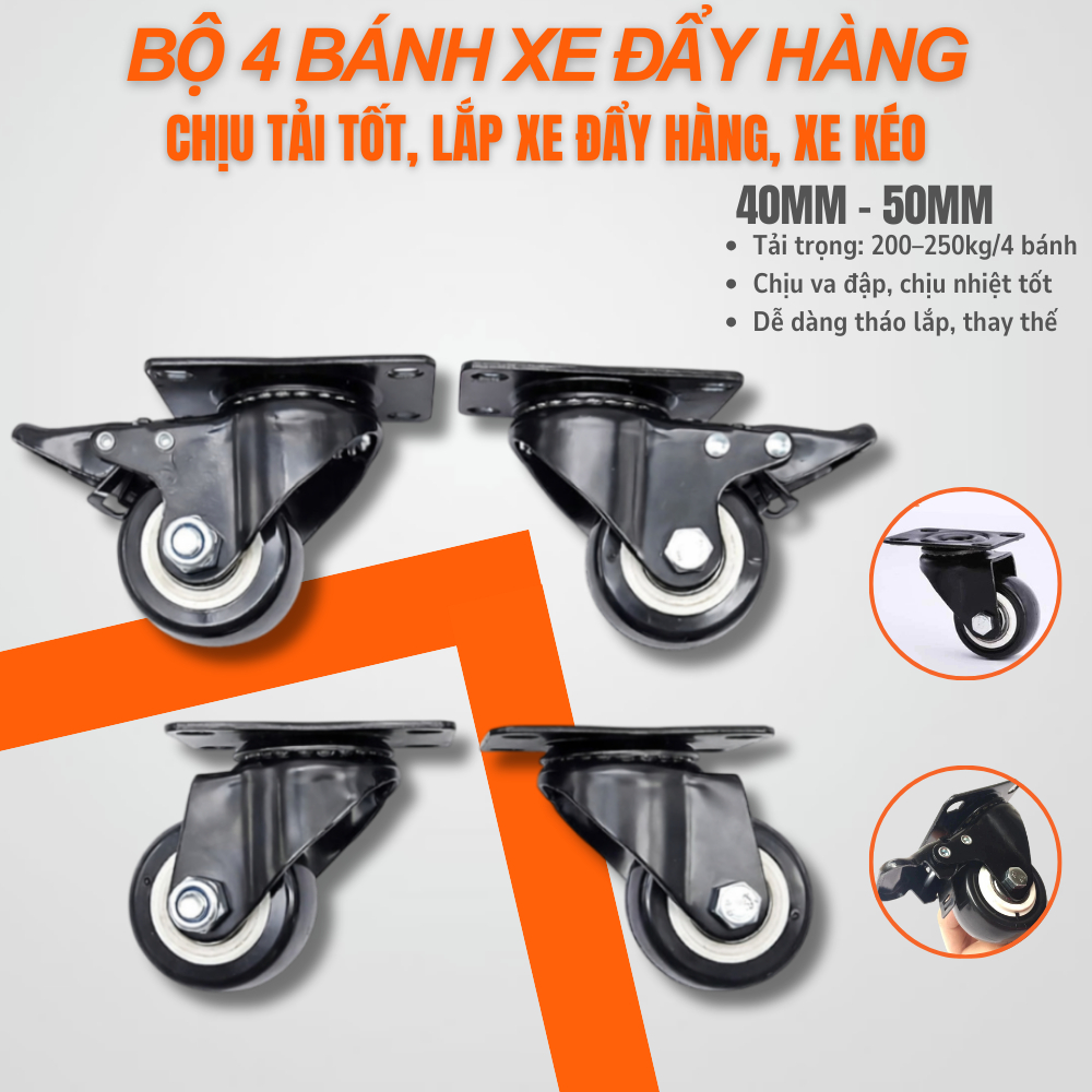 Bộ 4 Bánh xe đẩy hàng cao su bọc nhựa 40mm - 50mm chịu tải tốt, lắp xe đẩy hàng, xe kéo
