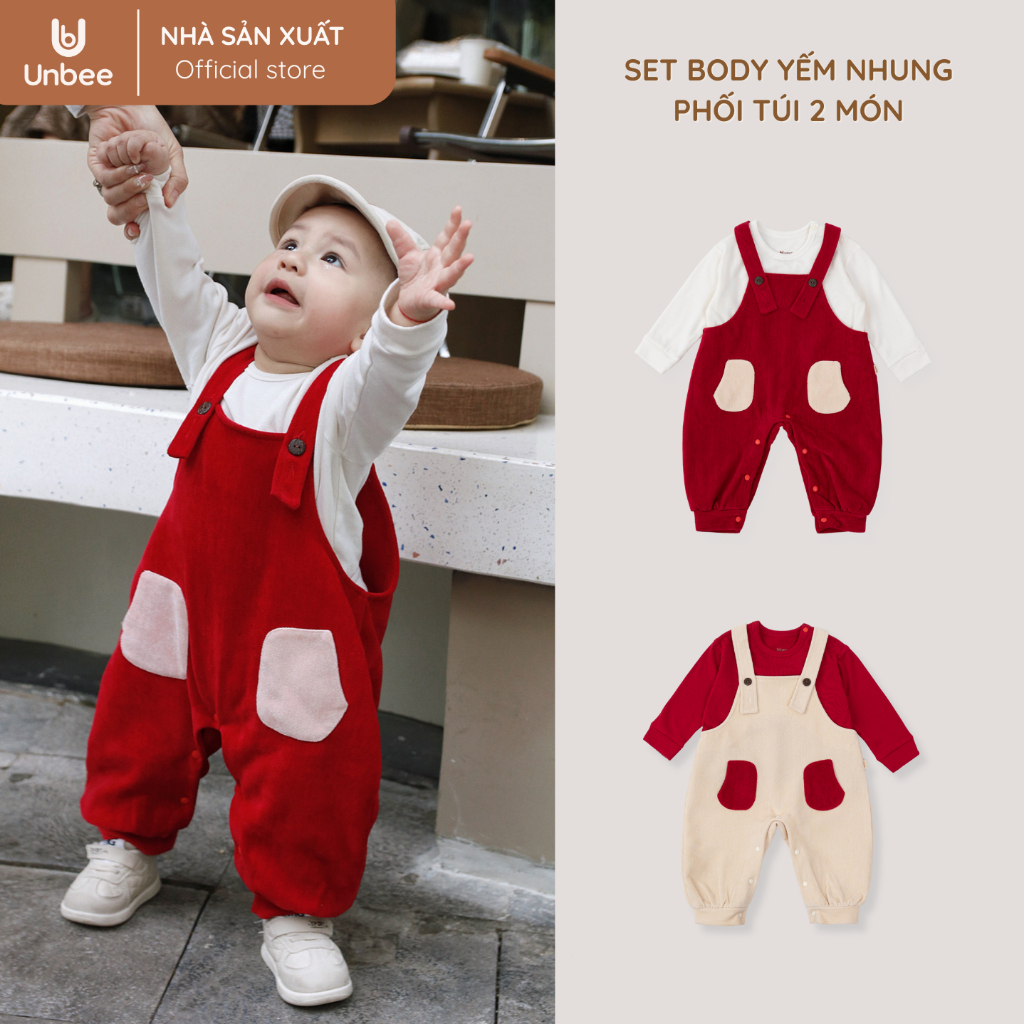 Set Body Nhung Cho Bé Trai Bé Gái Unbee - Bộ Yếm Nhung Kèm Áo Dài Tay Mềm Ấm Mùa Đông