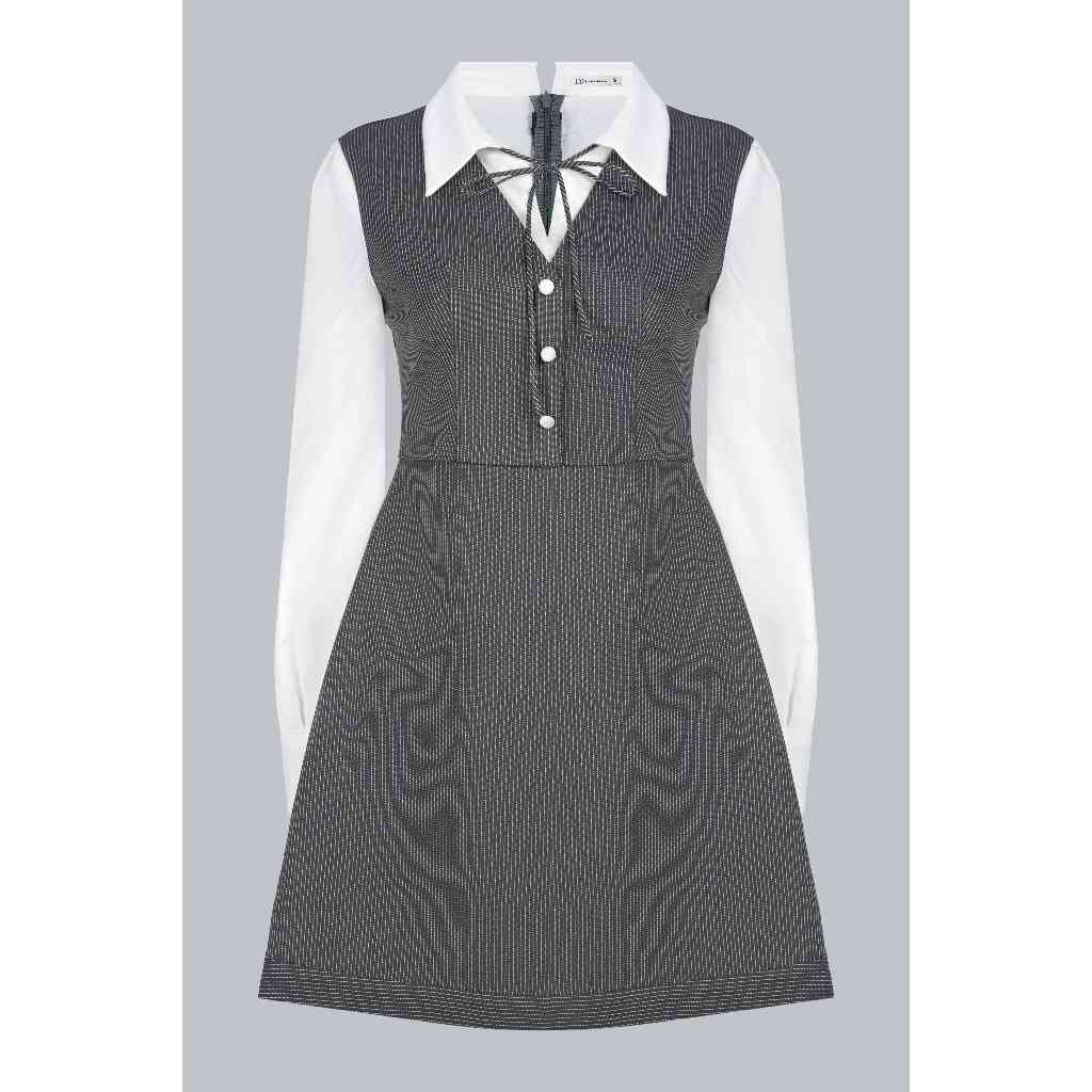 Đầm Thu Đông Cổ V Phối Sơ Mi 1F07.2601, Đầm Dáng Chữ A Ôm Eo Phong Cách Thanh Lịch, Classic, Preppy Design By JM