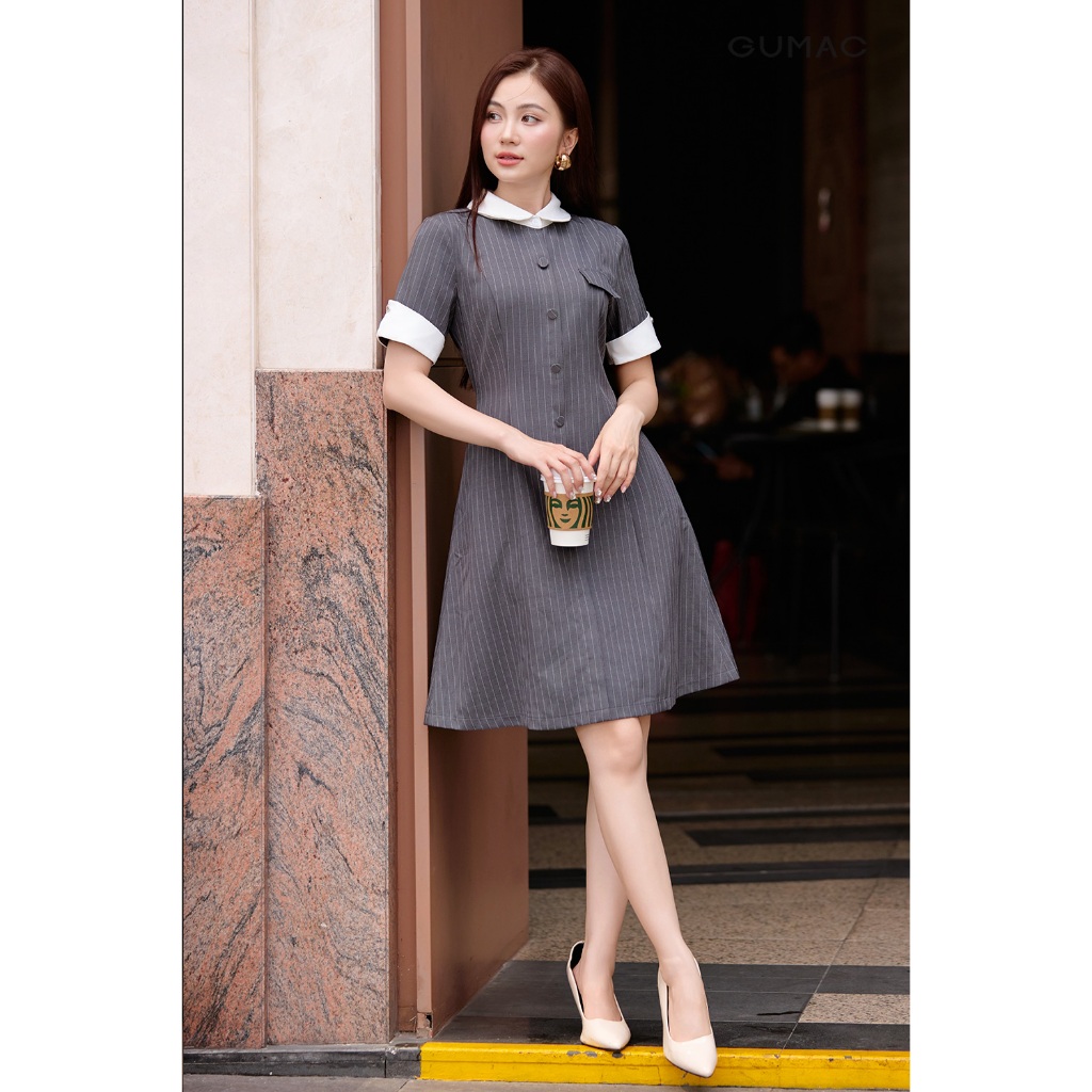 Đầm Nữ GUMAC Dáng A Tay Ngắn Cổ Sơ Mi Phối Trắng Thanh Lịch Hiện Đại DF09021