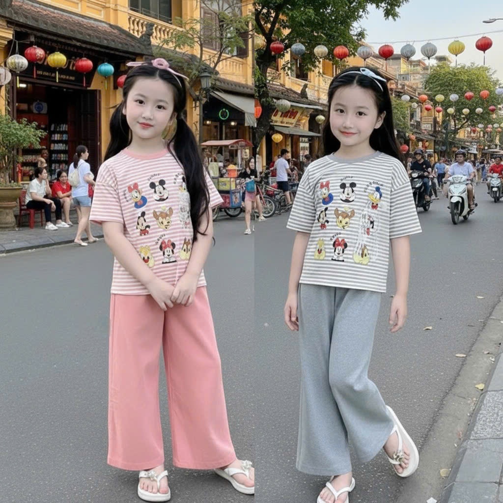 4-15 tuổi.Bộ quần áo cộc tay, quần xuông cho bé gái in hình mickky chất vải thun tăm mềm mịn co giãn thoải mái.M61
