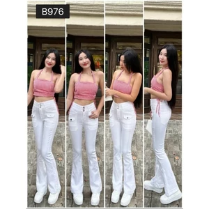 98-100cm Quần Jeans Nữ Lưng Cao 3 Cúc Ống Loe Dài Màu Trắng Thời trang co giãn