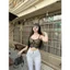 98-100cm Quần Jeans Nữ Lưng Cao 3 Cúc Ống Loe Dài Màu Trắng Thời trang co giãn