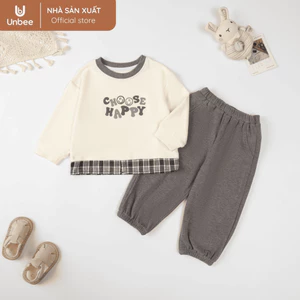 Bộ quần áo bé trai bé gái Unbee dài tay thu đông phối vạt kẻ chất liệunỉ bamboo cào lông