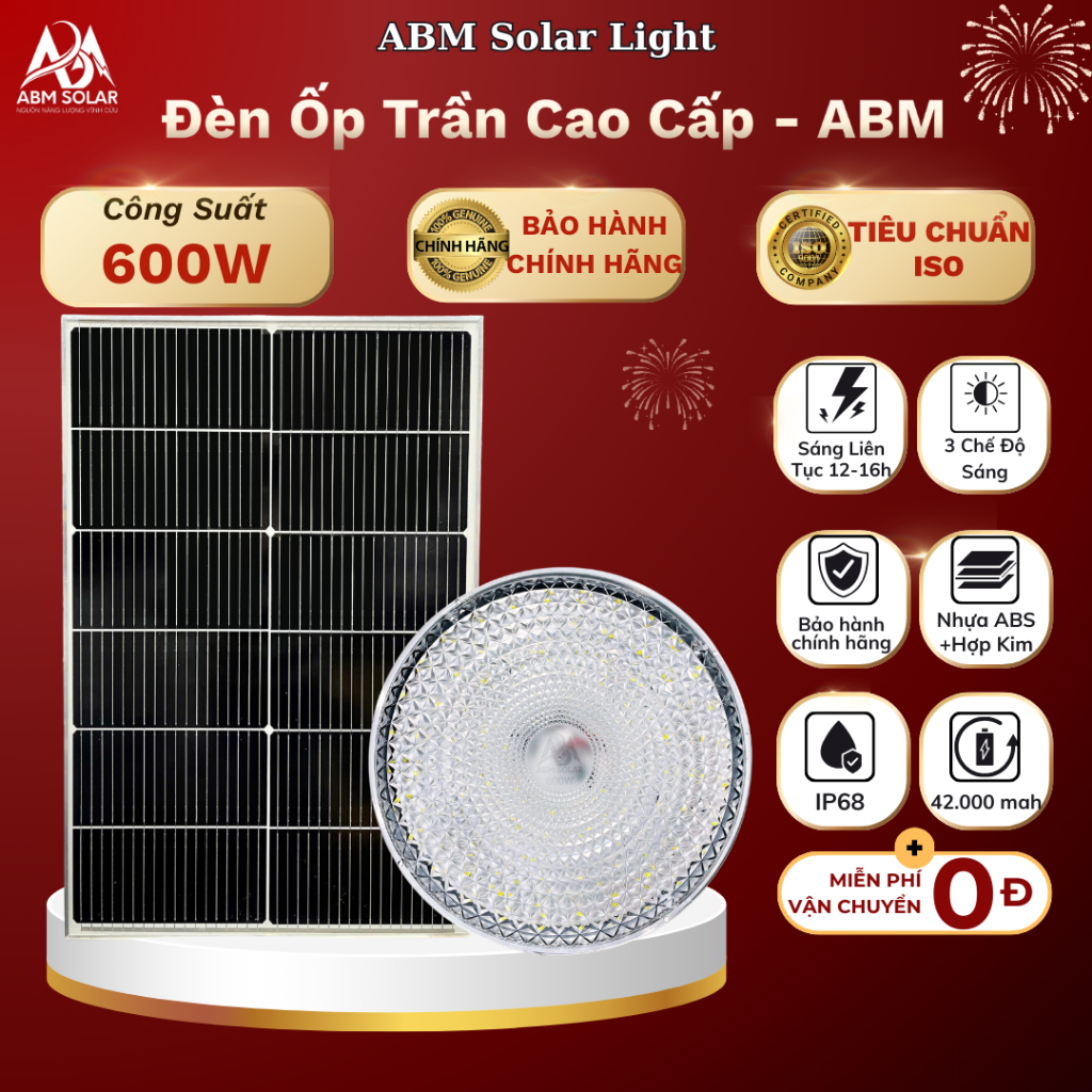 [600W] Đèn Ốp Trần Năng Lượng Mặt Trời Nhỏ Gọn ABMSOLAR, Lắp Trong Nhà,  Chất Liệu Kim Loại Mặt  Nhựa ABS