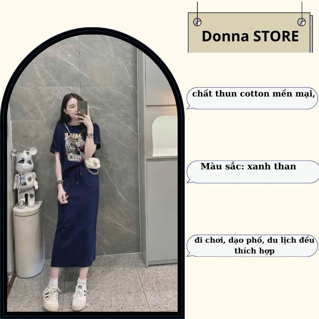 set váy nữ , áo thun nữ  họa tiết cute phối chân váy dài suông midi màu xanh than Donna hcom25133