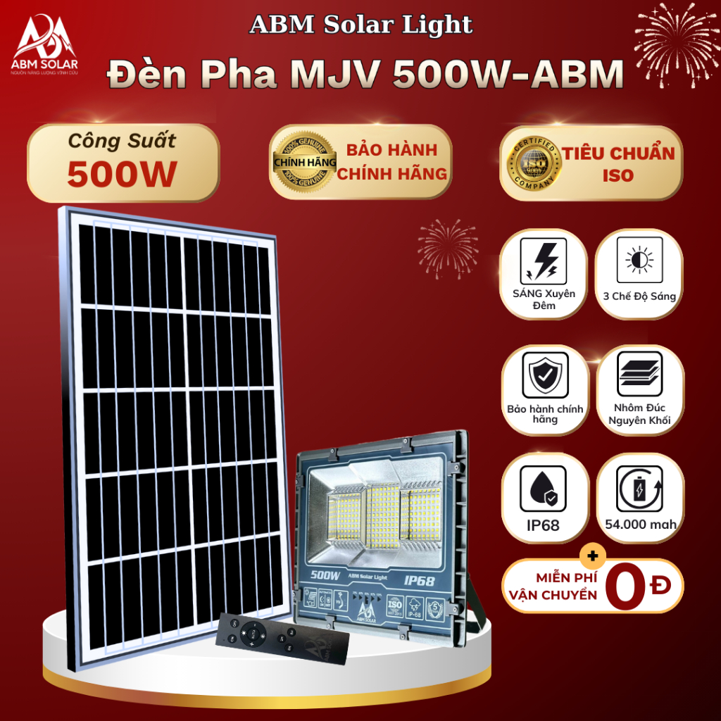 Đèn Năng Lượng Mặt Trời 500W ABM SOLAR, Đèn LED Ngoài Trời Nhôm Đúc Nguyên Khối, Pin 54000mAh, Đổi 3 Màu Ánh Sáng, IP68