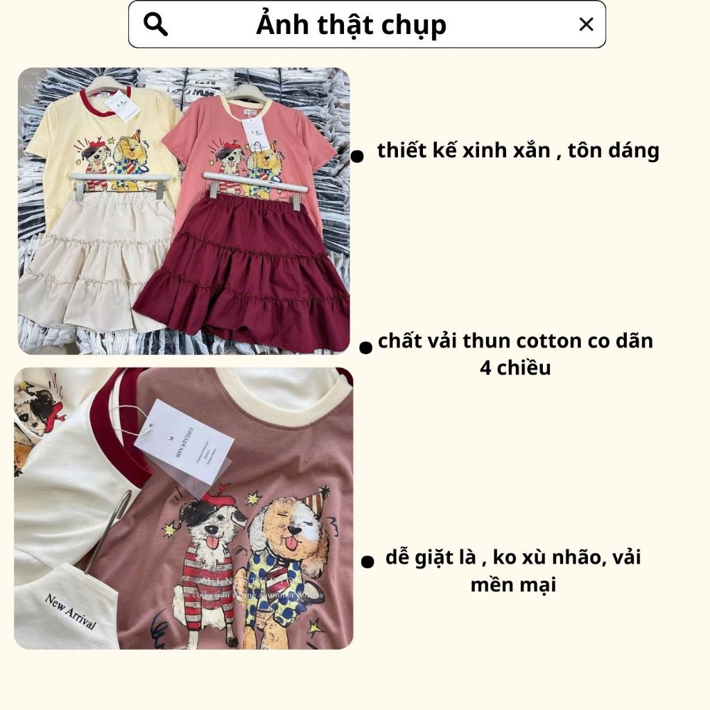 set váy nữ,áo thun nữ chất vải cotton mền cổ tròn 2 màu hồng be mix chân váy ngắn Donna hcom25223