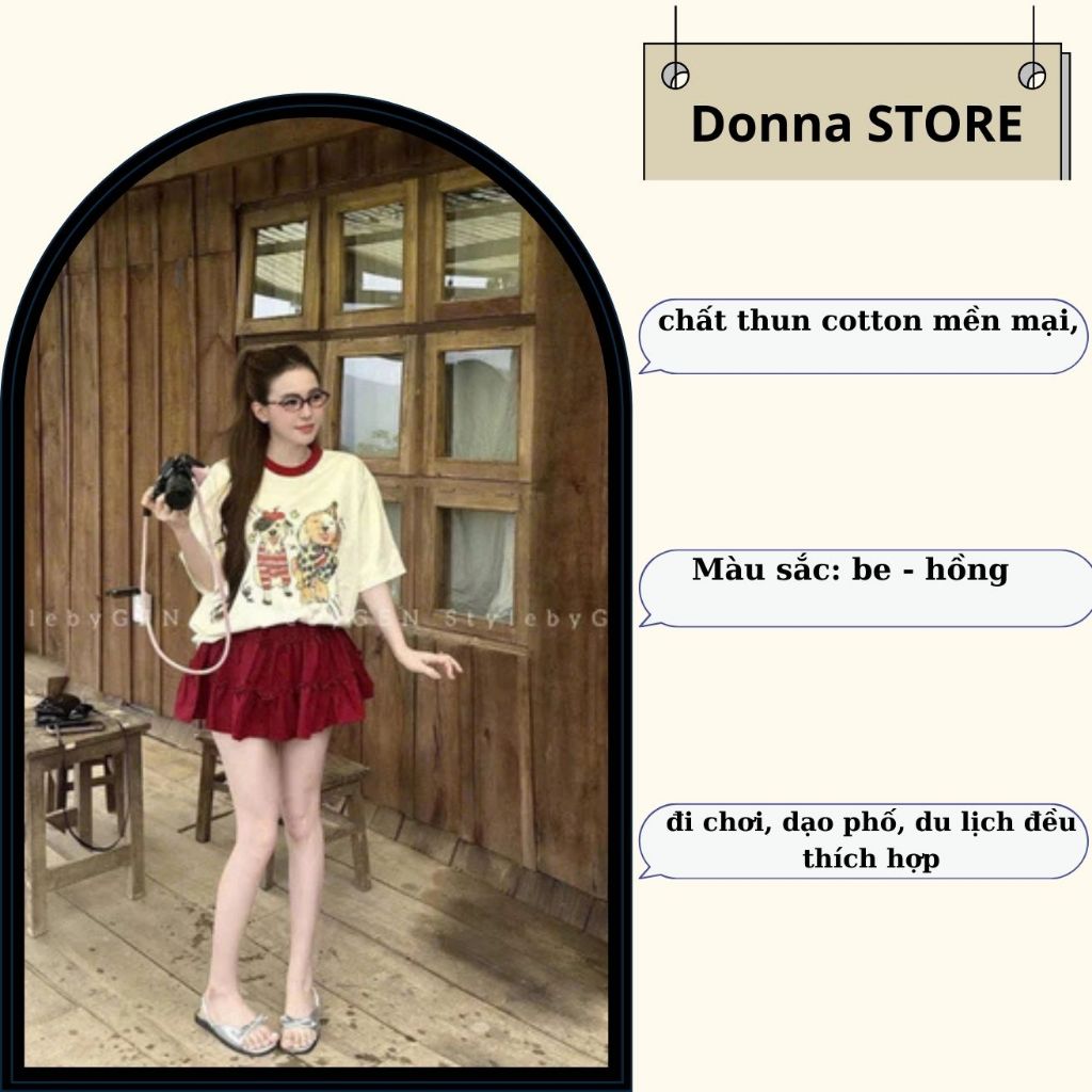 set váy nữ,áo thun nữ chất vải cotton mền cổ tròn 2 màu hồng be mix chân váy ngắn Donna hcom25223