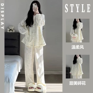 Đồ ngủ phong cách instagram phong cách Hàn Quốc Quần dài tay mẫu xuân thu cho nữ đồ mặc nhà cổ tròn cao cấp