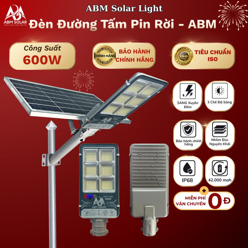 [600W] Đèn Đường Năng Lượng Mặt Trời Chiếu Sáng Đường Phố Sân Vườn, Đổi Màu Ánh Sáng, Vỏ Nhôm - ABM