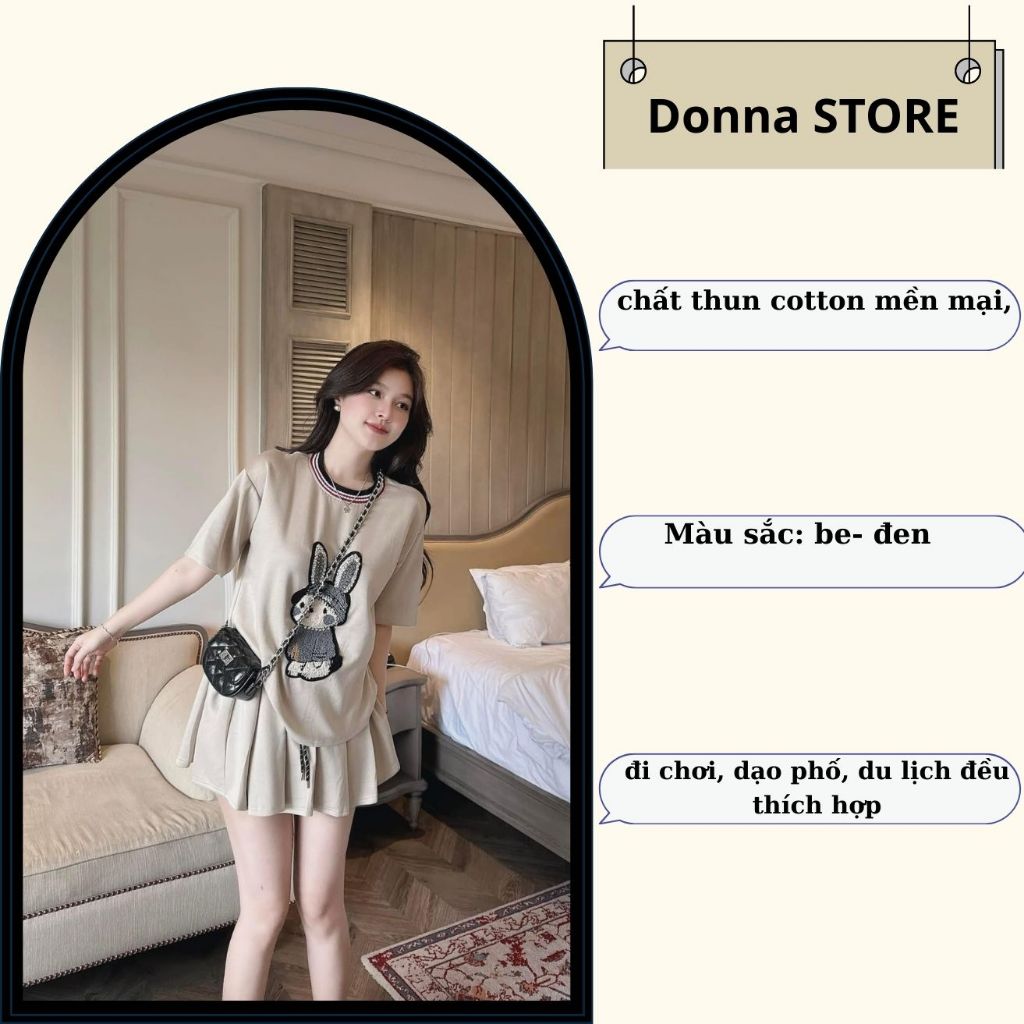 set đồ nữ , áo thun phối chân váy xếp ly ngắn xòe thêu hình gấu năng động Donna hcom25738