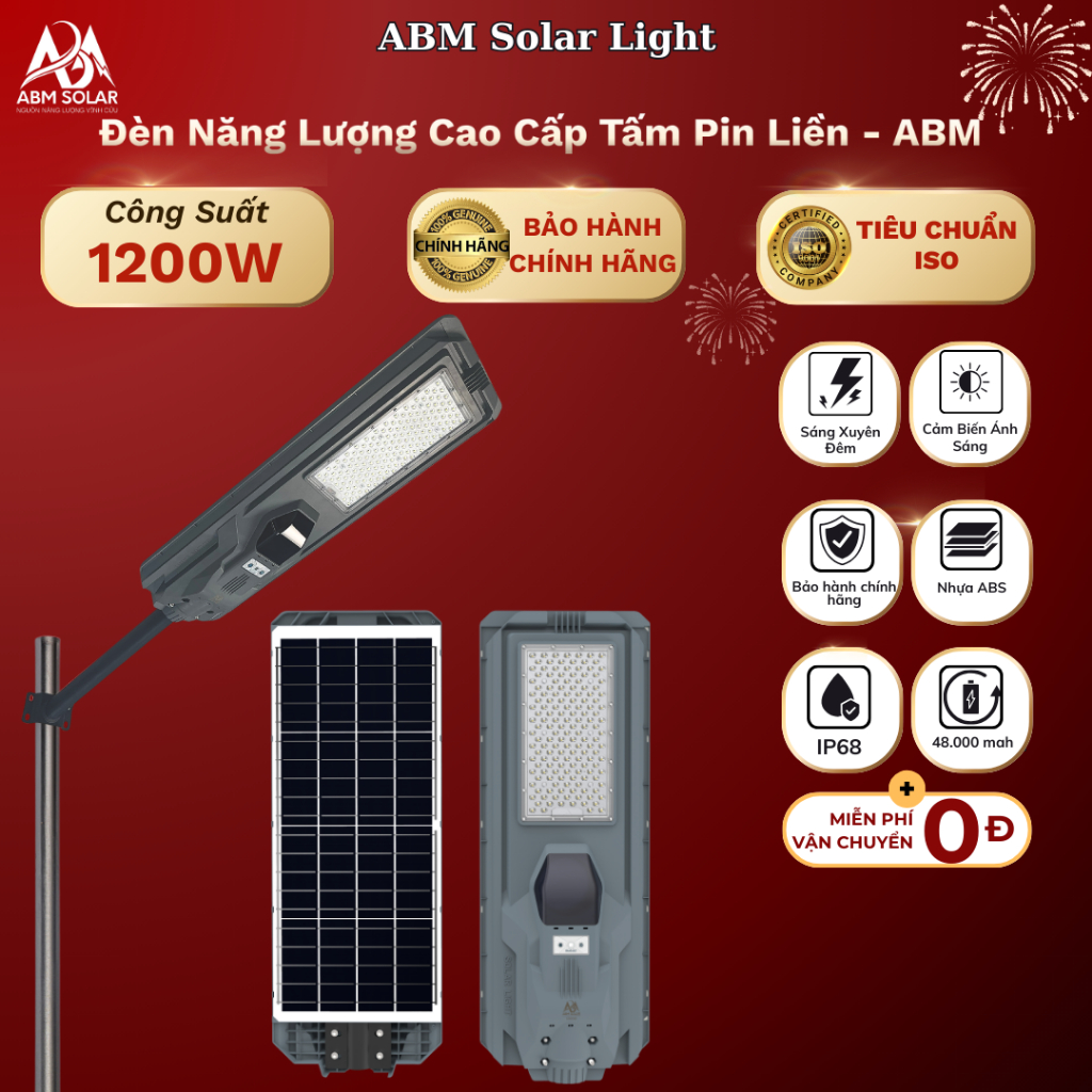 [1200W] Đèn Tấm Pin Liền Năng Lượng Mặt Trời ABM, Chiếu Sáng Ngoài Sân Đường Phố, Chất Liệu Nhựa ABS