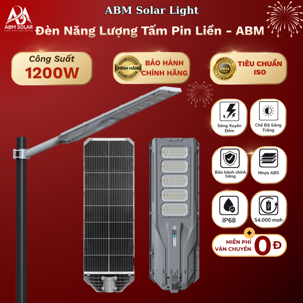 [1200W] Đèn Năng Lượng Mặt Trời Tấm Pin Liền, Chiếu Sáng Đường Đi, Sân Vườn, Hè Phố, Chống Nước IP68, Nhựa ABS ABM SOLAR