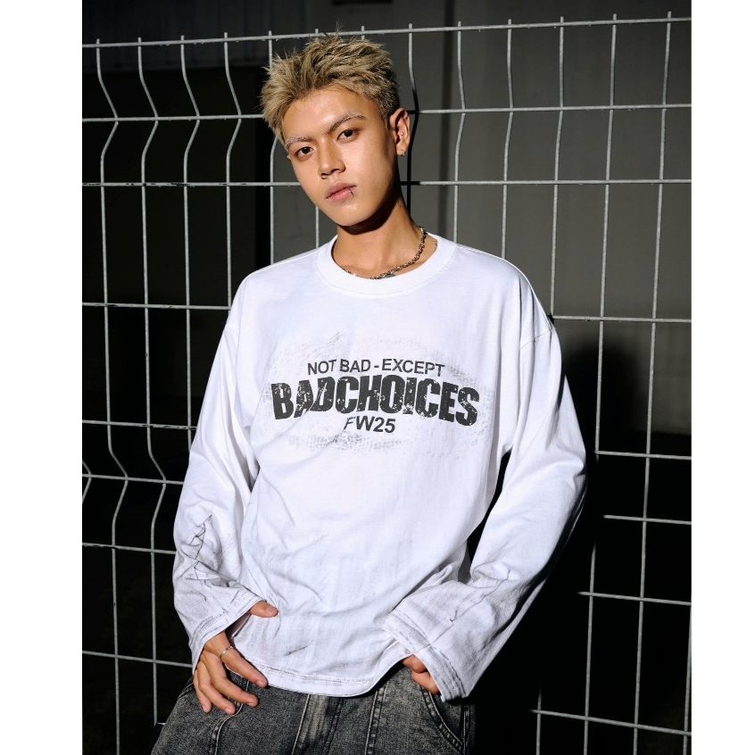 Bad Choices | Áo thun tay dài DirtyWhite vải cotton form boxy