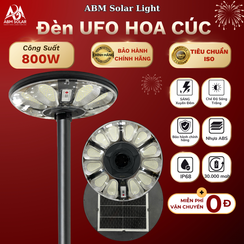 [800W] Đèn Năng Lượng Mặt Trời UFO Hoa Cúc 800W, Chống Nước IP68, Nhựa ABS Cao Cấp, Chiếu Sáng Sân Vườn, Ao Hồ ABM Solar